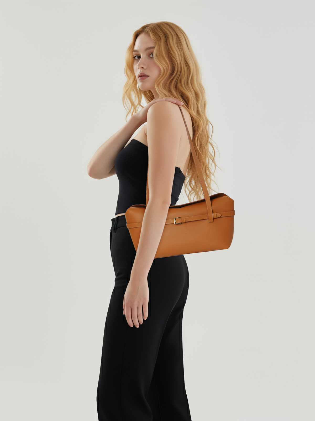 Alternative view of Maxine Embossed Grain Leather Shoulder Bag in Bronze.